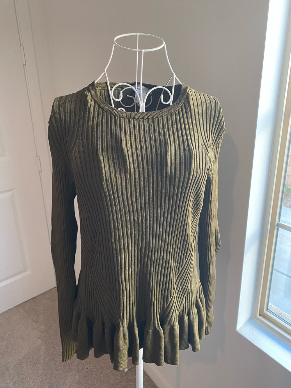 H&M Olive Green Ribbed Long-Sleeve Peplum Sweater